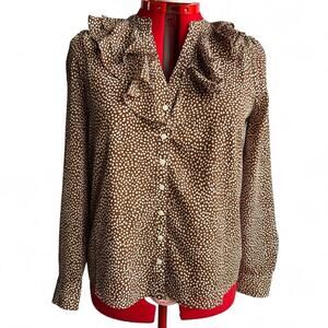 J Crew Brown With White Dots Blouse Work Top With Ruffle Collar & Button
